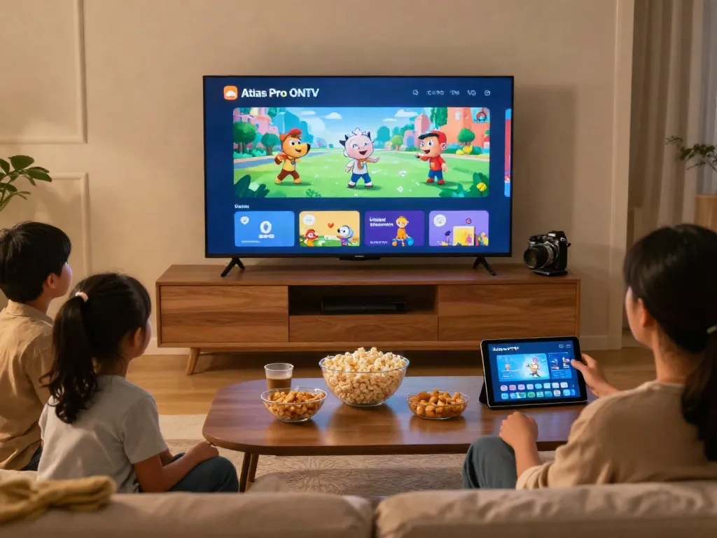Famille regardant des chaînes sur Atlas Pro ONTV dans un salon moderne avec TV.
