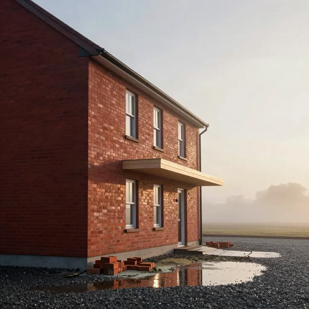 Maison en brique rouge sous la pluie, brume du matin et reflets dans les flaques.