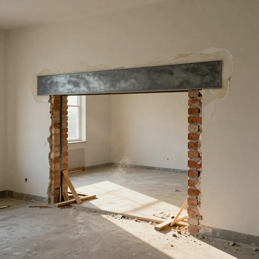 Ouverture de mur porteur rénovée avec linteau acier et poussière de plâtre.
