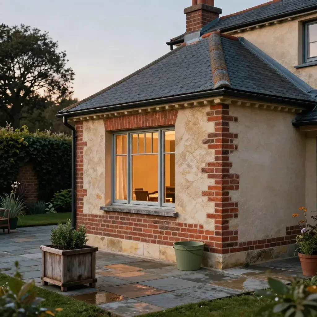 Extension maçonnée en brique au crépuscule, terrasse en ardoise et lueur intérieure douce.