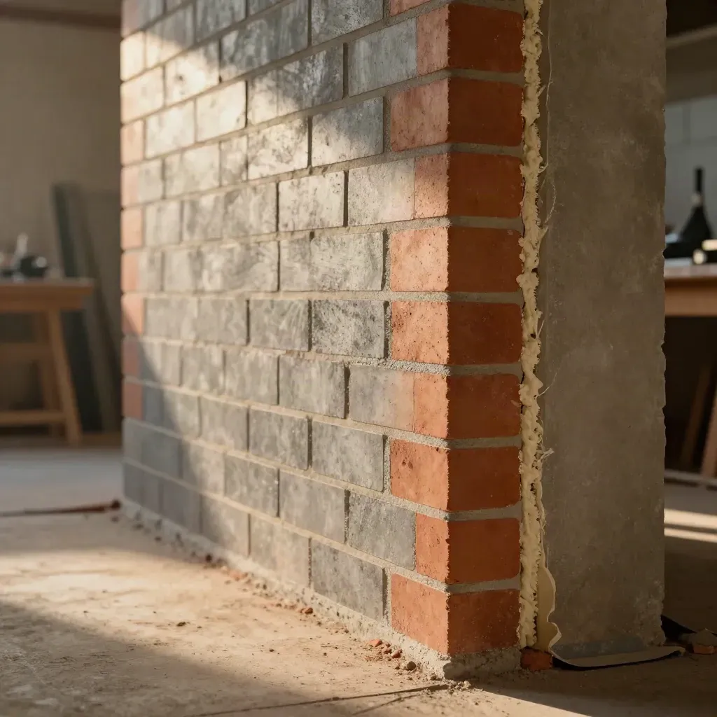 Mur en bardage brique avec isolant apparent, éclairage cinématographique.