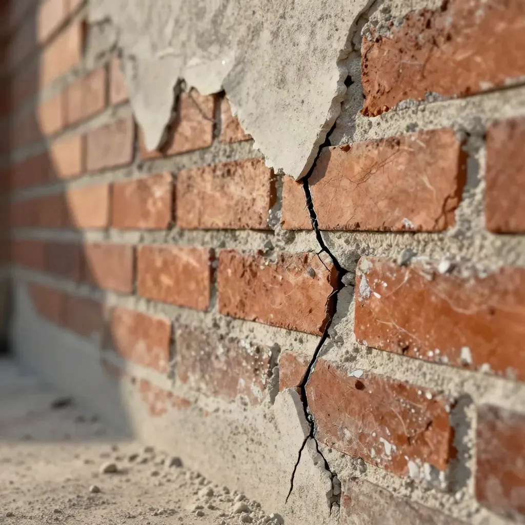 Gros plan d’un mur en briques réparé, fissure consolidée et joints de mortier assortis.