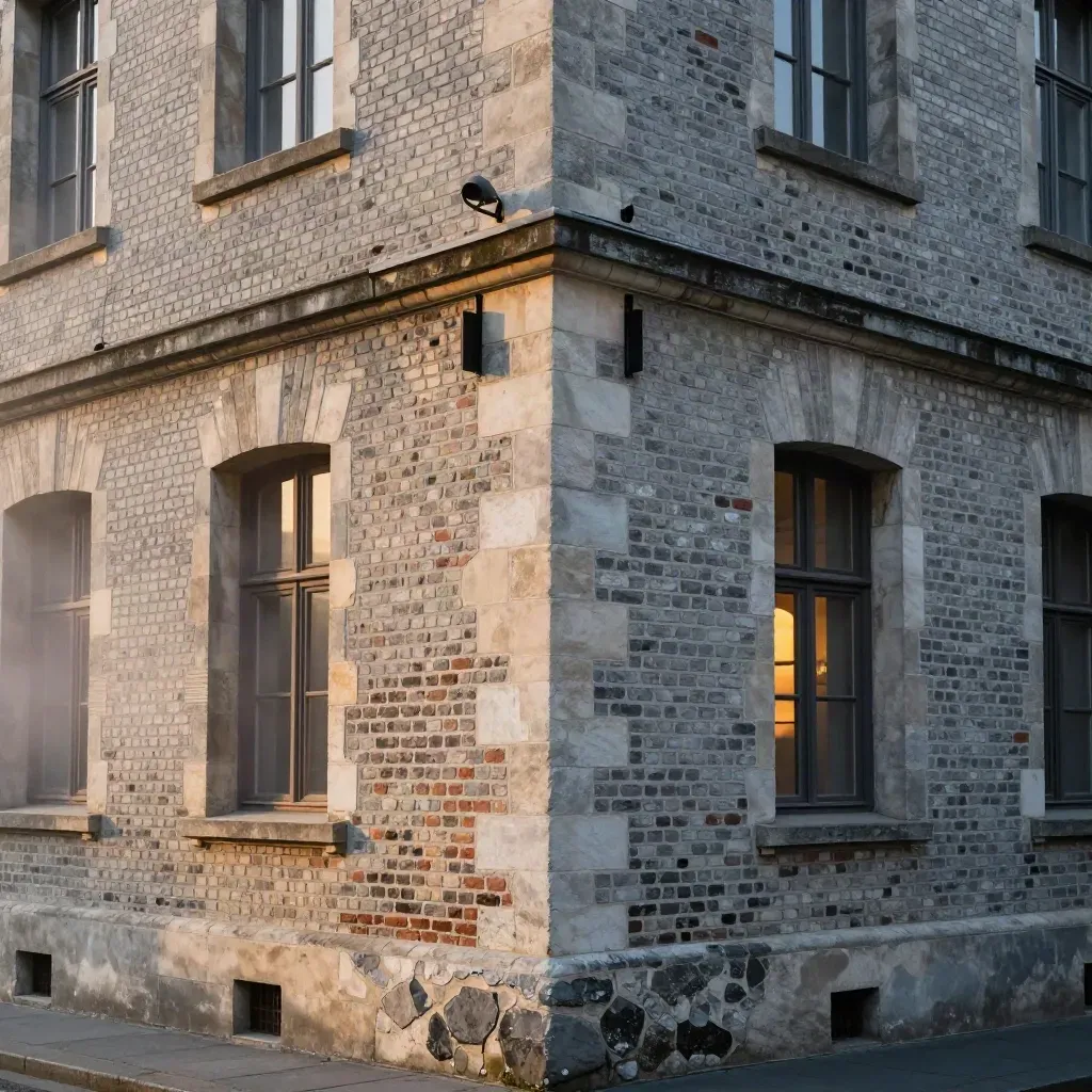 Façade en brique restaurée à Rouen, joints refaits et pierre reprise dans une lumière douce.