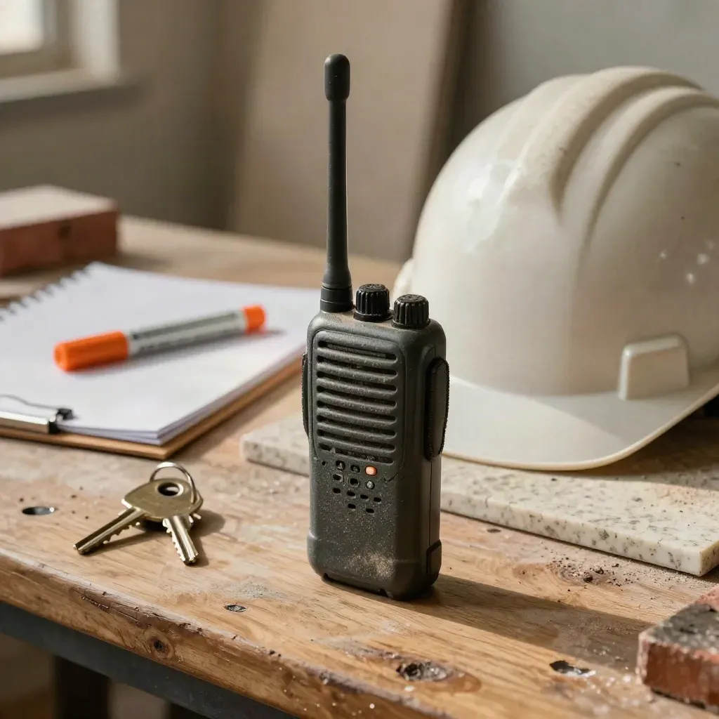 Radio de chantier, casque et clés sur un établi poussiéreux, ambiance de coordination.