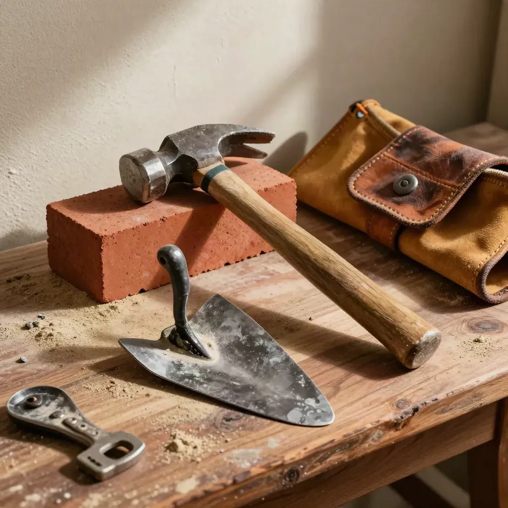 Truelle, marteau et jointoyer de maçon sur cuir usé, lumière dramatique et poussière de chantier