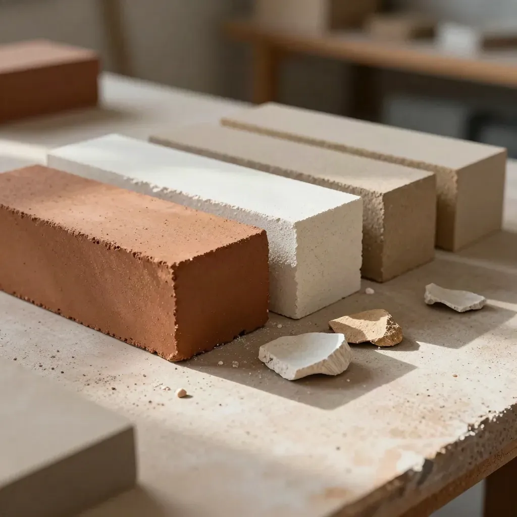 Échantillons de briques, plâtre et isolant minéral en éventail sur un établi.