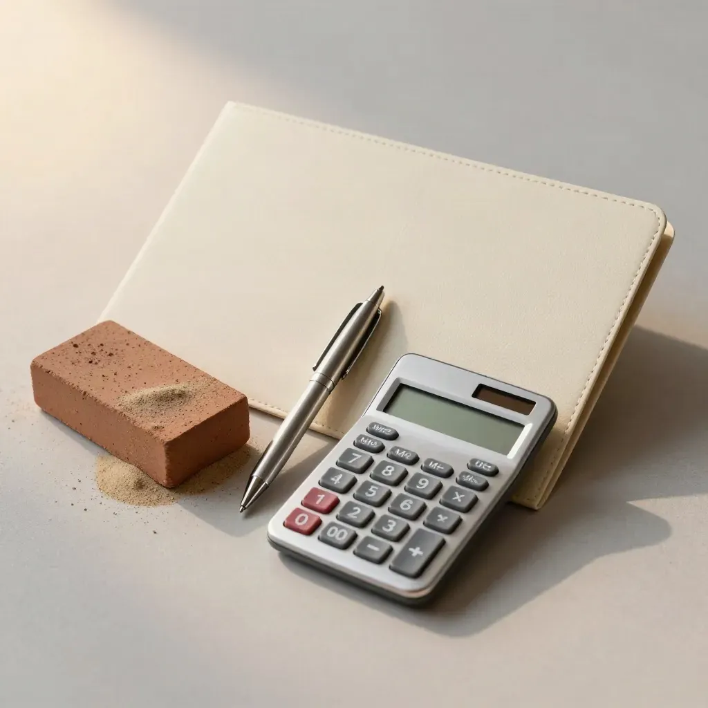 Dossier de devis, calculatrice, stylo métal et échantillon de brique sur fond crème.