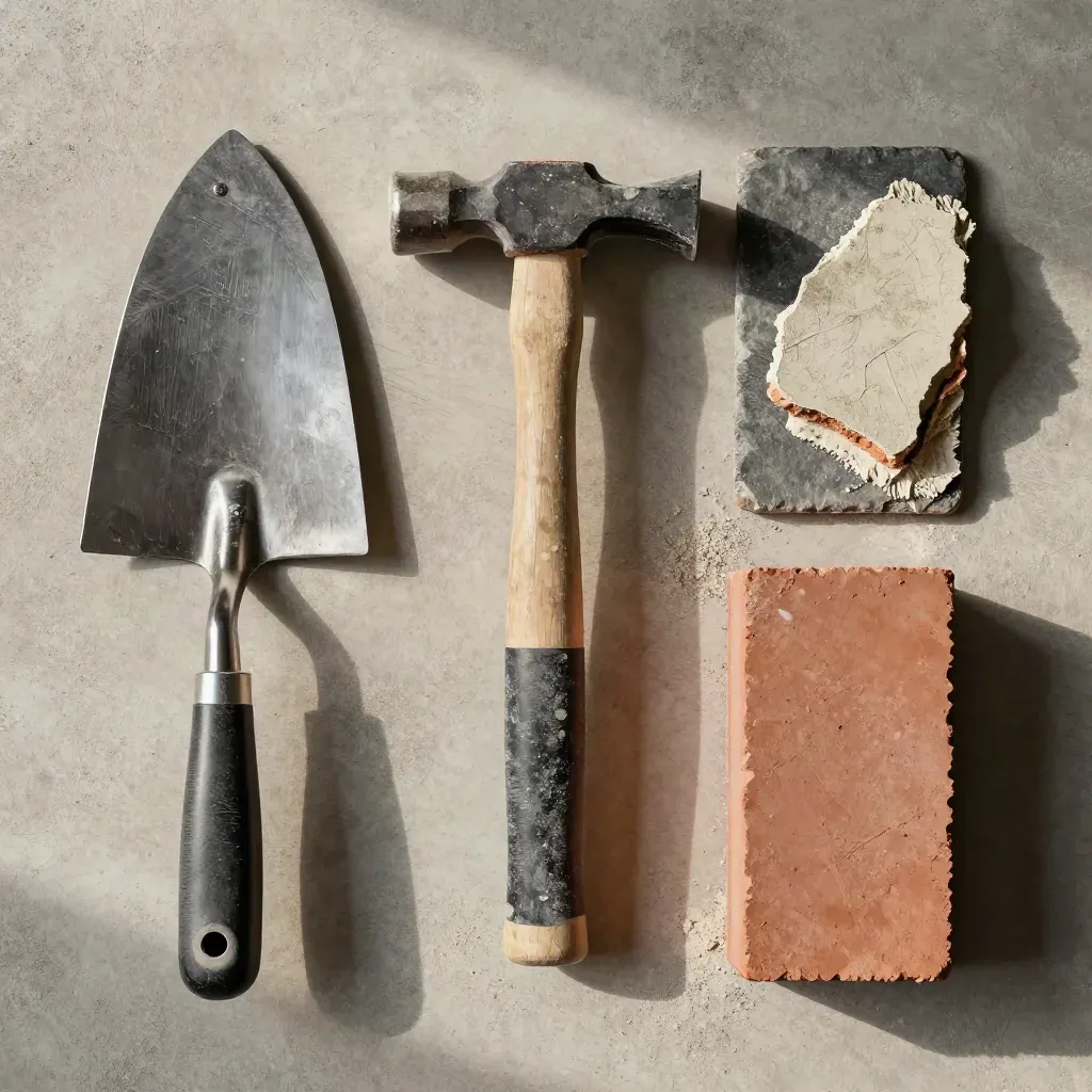 Flatlay de truelle, marteau de maçon, plateau à mortier et fragment de brique sur béton.