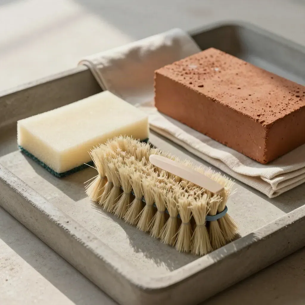 Brosse de maçon, éponge, toile pliée et coin de brique sur plateau en pierre, lumière douce.