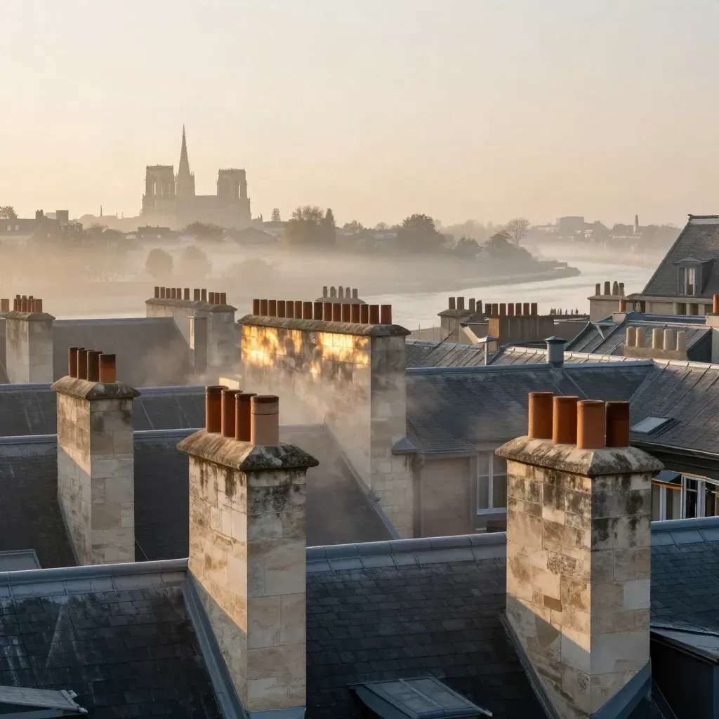 Toits d’Île-de-France au-dessus de la Seine, brume dorée et silhouette de cathédrale au loin.