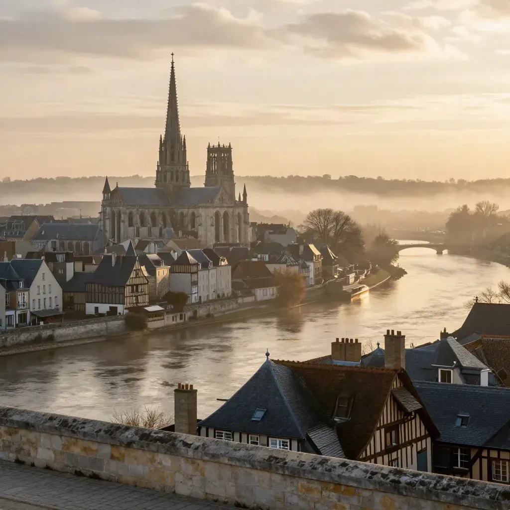 Rouen au lever doré, toits d’ardoise, flèches de cathédrale et brume sur la vallée.