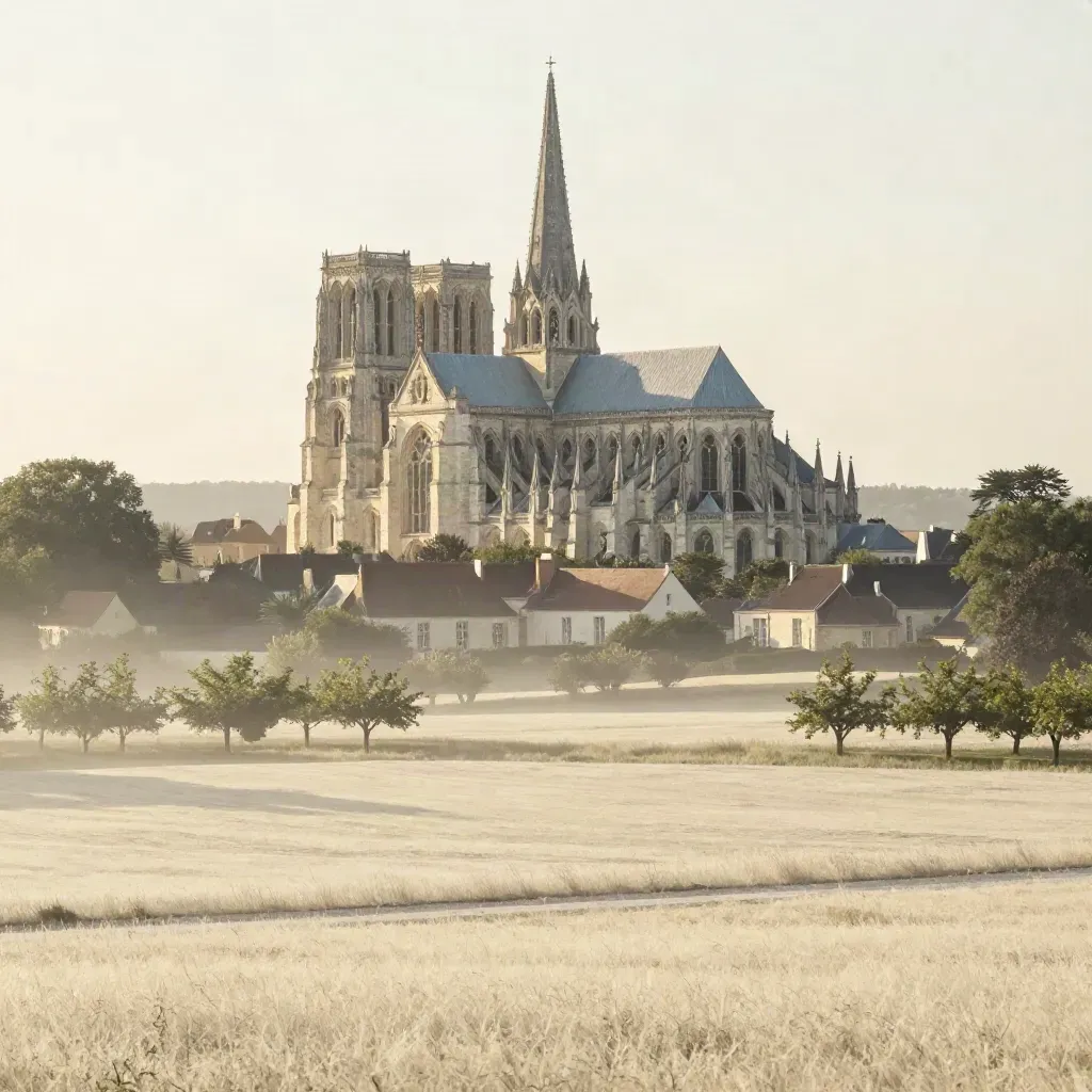 Chartres au-dessus de champs brumeux et toits de pierre claire, lumière dorée douce.
